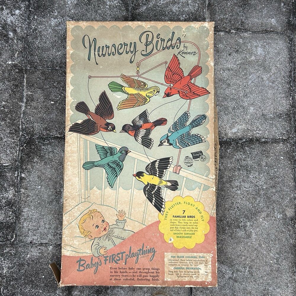 Vtg 1950s Kenner Nursery Birds Mobile Complete 7 Birds Box Crib Toy Mid Century